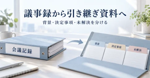 会議記録から、背景・決定事項・未解決事項を分けた引き継ぎ資料を作るイメージ。