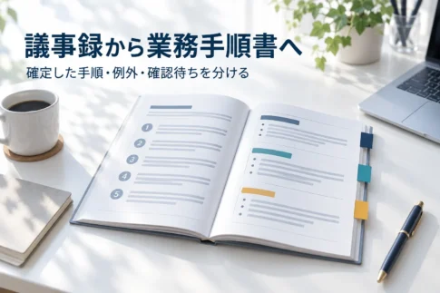 議事録から業務手順書へ、確定した手順・例外・確認待ちを分ける説明用イメージ。