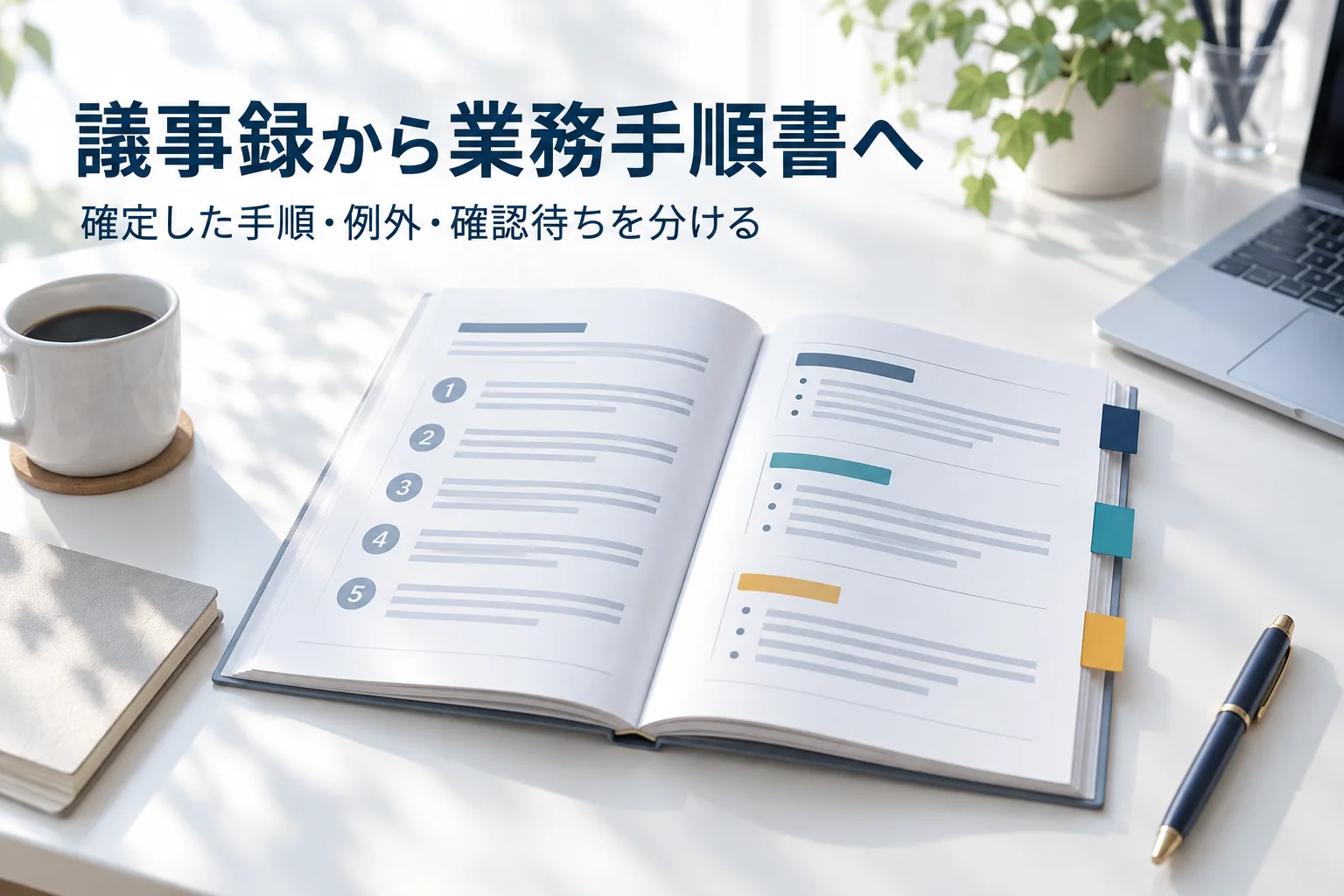 議事録から業務手順書へ、確定した手順・例外・確認待ちを分ける説明用イメージ。