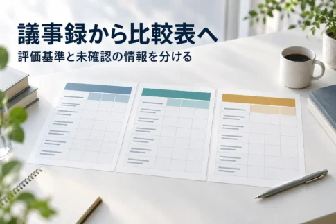 議事録から比較表へ、評価基準と未確認の情報を分ける説明用イメージ。