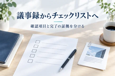 議事録からチェックリストへ、確認項目と完了の証拠を分ける説明用イメージ。