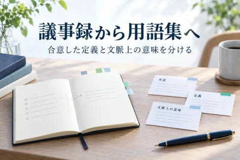 議事録から用語集へ、合意した定義と文脈上の意味を分ける説明用イメージ。