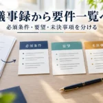 議事録から要件一覧へ、必須条件・要望・未決事項を分ける説明用イメージ。