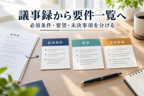 議事録から要件一覧へ、必須条件・要望・未決事項を分ける説明用イメージ。