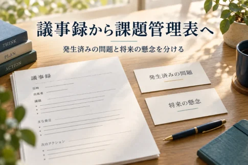 議事録から課題管理表へ、発生済みの問題と将来の懸念を分ける説明用イメージ。