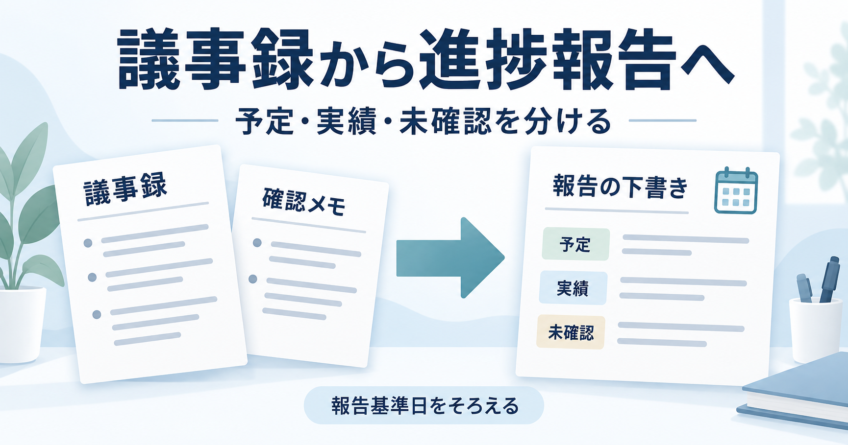 議事録と状況確認メモを照合し、予定・実績・未確認を分けた進捗報告の下書きへ整理する流れ。