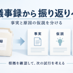会議記録を事実・仮説・改善案の三つに分け、根拠を確認しながら次の試行を考える流れ。