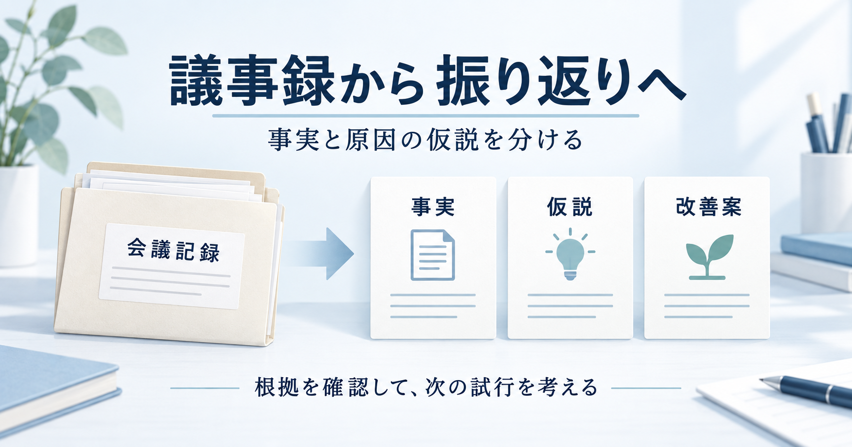 会議記録を事実・仮説・改善案の三つに分け、根拠を確認しながら次の試行を考える流れ。